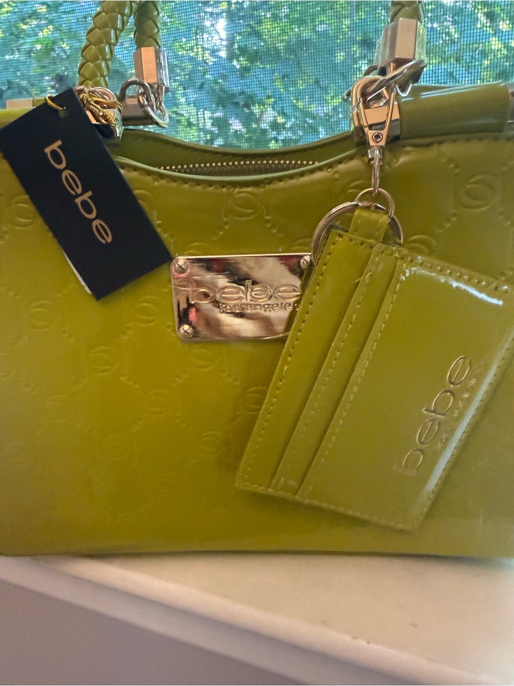 bebe lime patent braided-handle satchel with cardholder retail $109 fancy bag - Picture 4 of 12